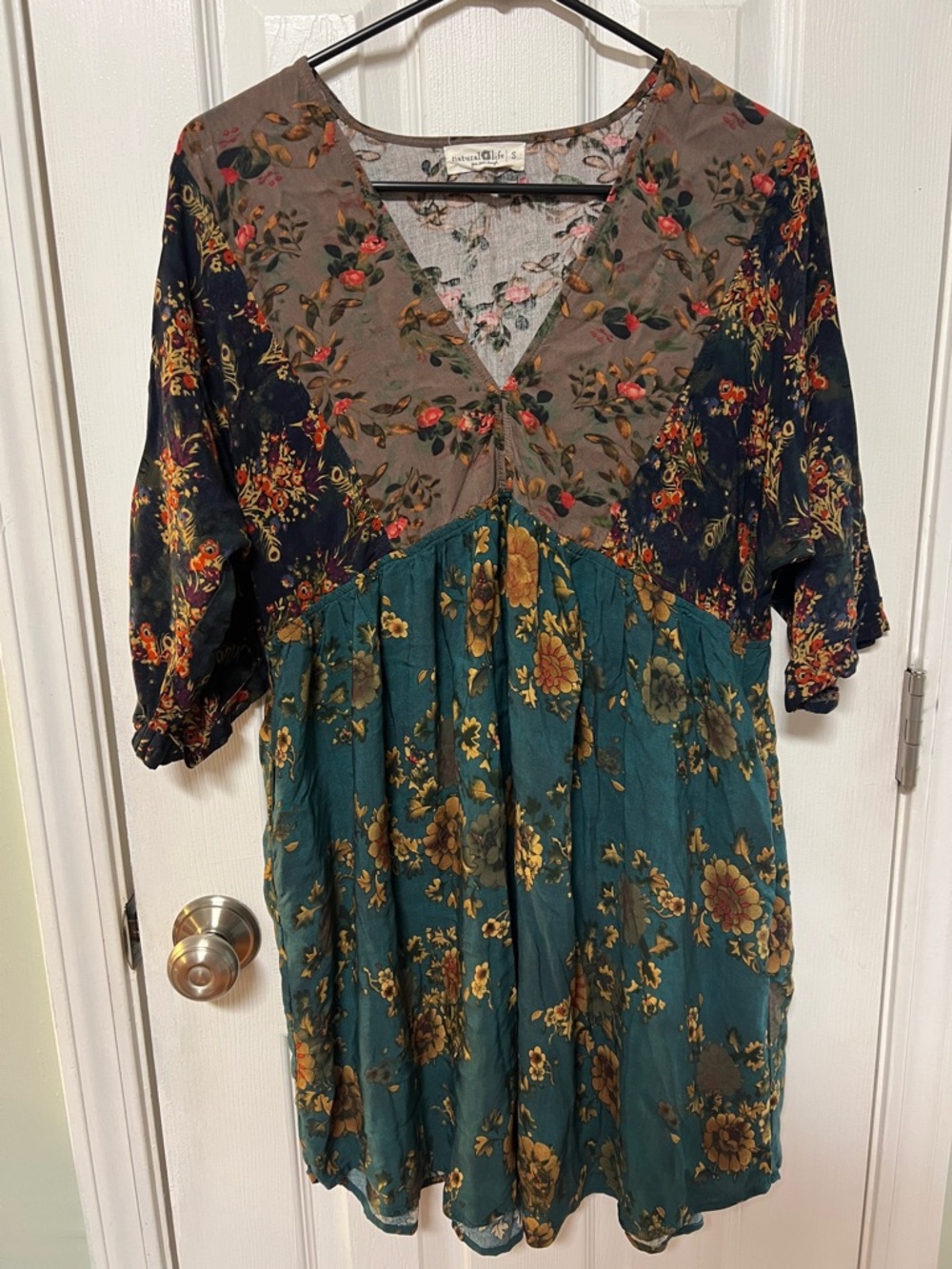 Natural Life Boho Floral V-Neck Women’s Dress - Teal Multicolor